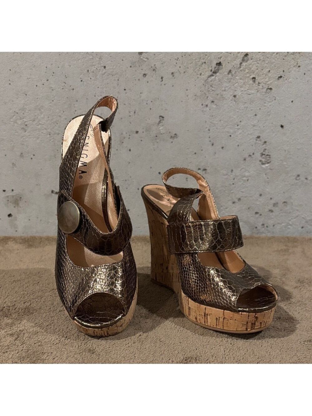 Enigma Metallic Bronze Platform Wedge Heel Sandals - Size 9